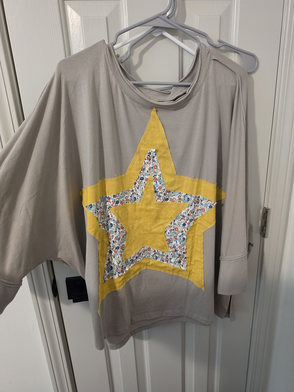 Womens Cream Long-Sleeve Top with Yellow Star Applique